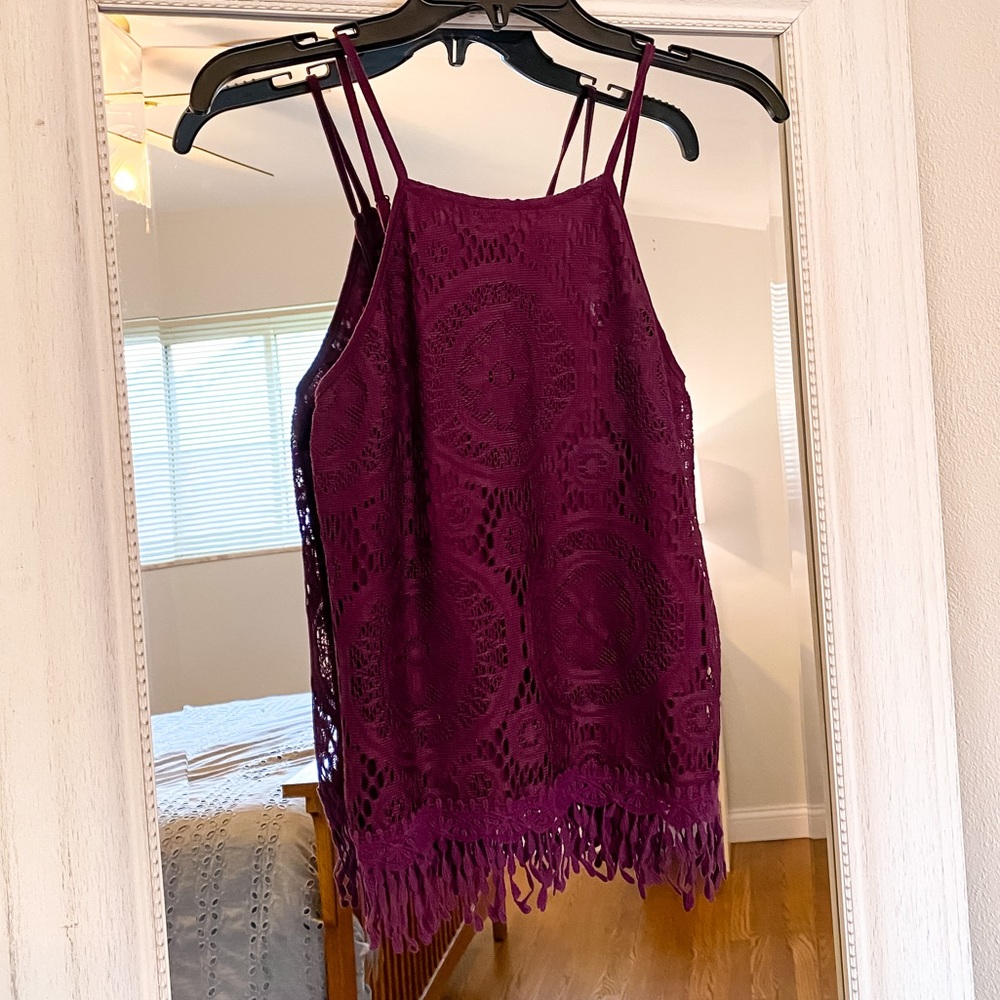 Xhilaration Purple Lace Knit Halter Top Tank Top Cami with Fringe - Size XS